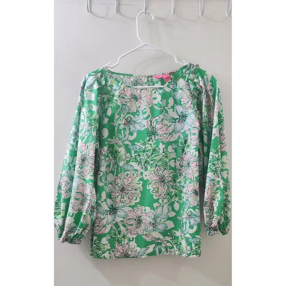 Lilly Pulitzer Green Pink Floral Cotton Puff Sleeve Blouse Top 013174 Size 12